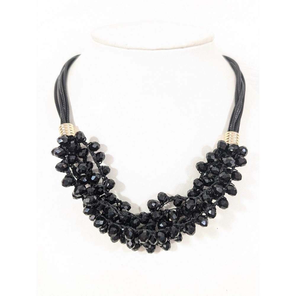 Black Faceted Glass Bead Statement‎ Necklace Multi Cord Modern 21 in